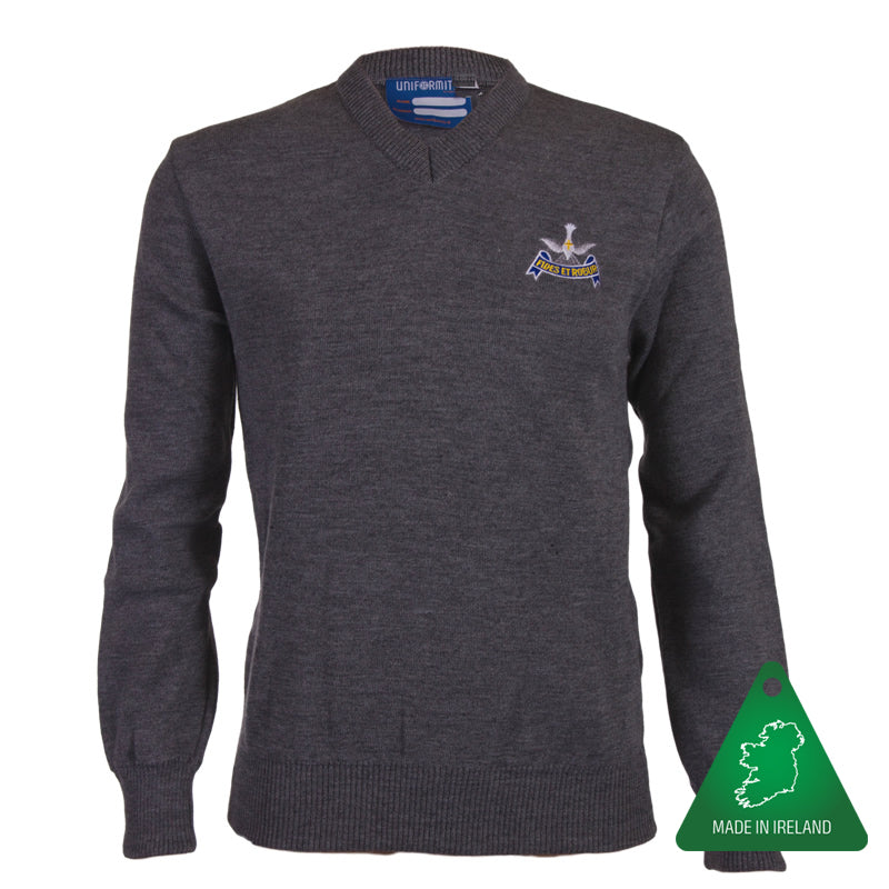 A photo of the Blackrock College/Willow Park 1st-3rd Year Grey Pullover with embroidered School Crest on left chest.