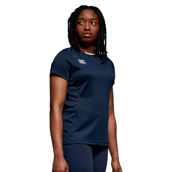 Model wearing Canterbury Club Dry Tee Female in Navy, side