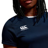 Model wearing Canterbury Club Dry Tee Female in Navy, front shoulder & neckline