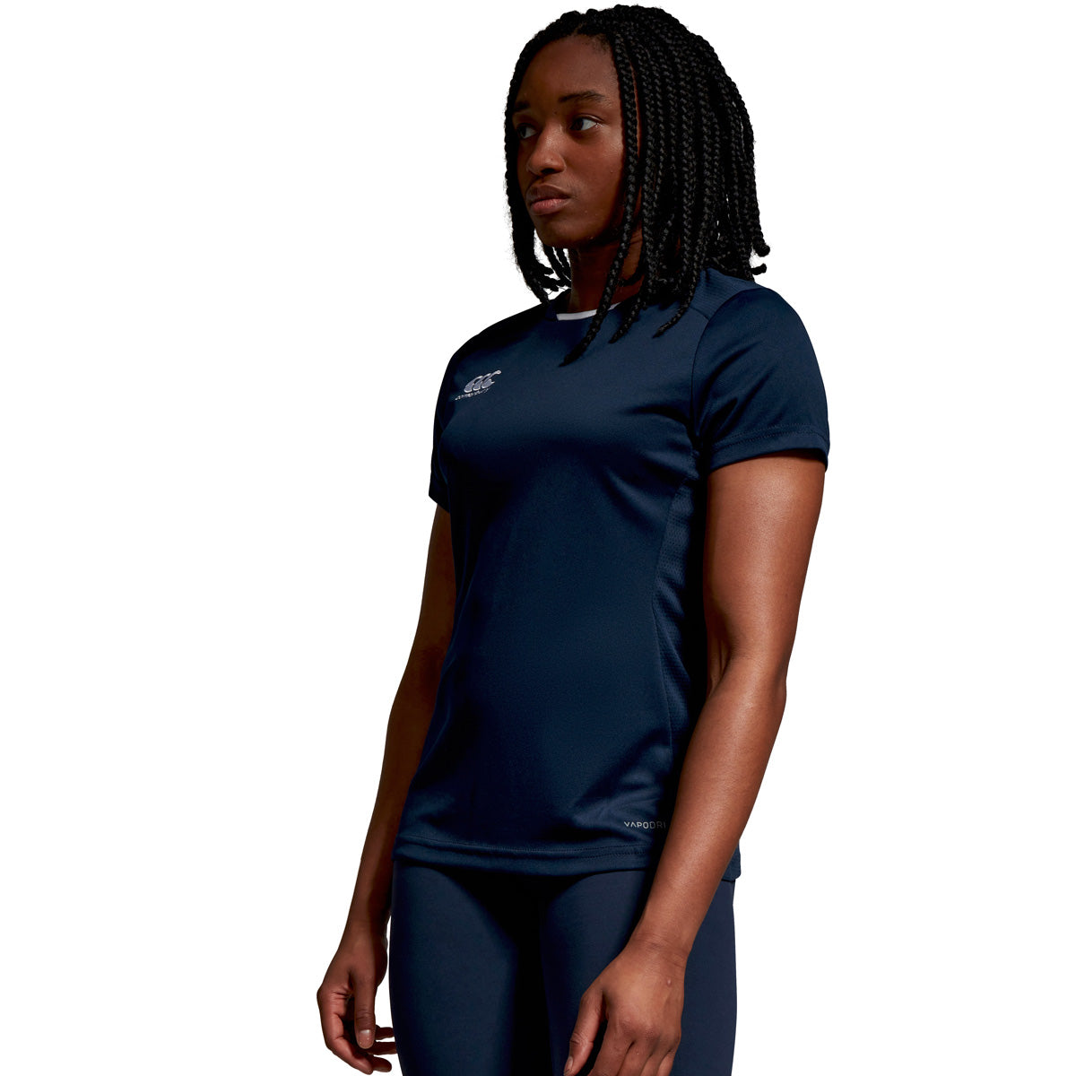 Model wearing Canterbury Club Dry Tee Female in Navy, side