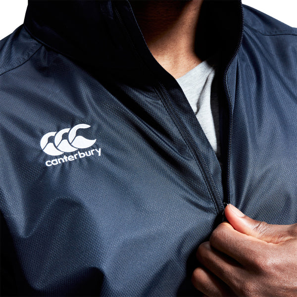 A close up of the Canterbury Club Vaposhield Full Zip Rain Jacket in Navy, zip detail