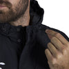 Canterbury Club Subs Jacket in Black Close up photo of model highlighting drawstring adjustment of hood.