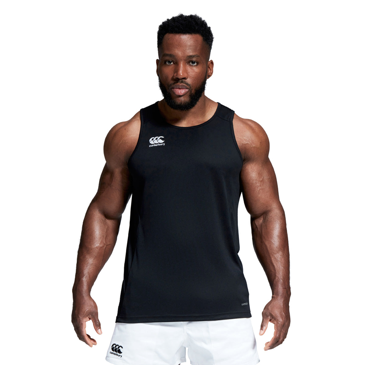 Model wearing Canterbury Club Dry Singlet in Black