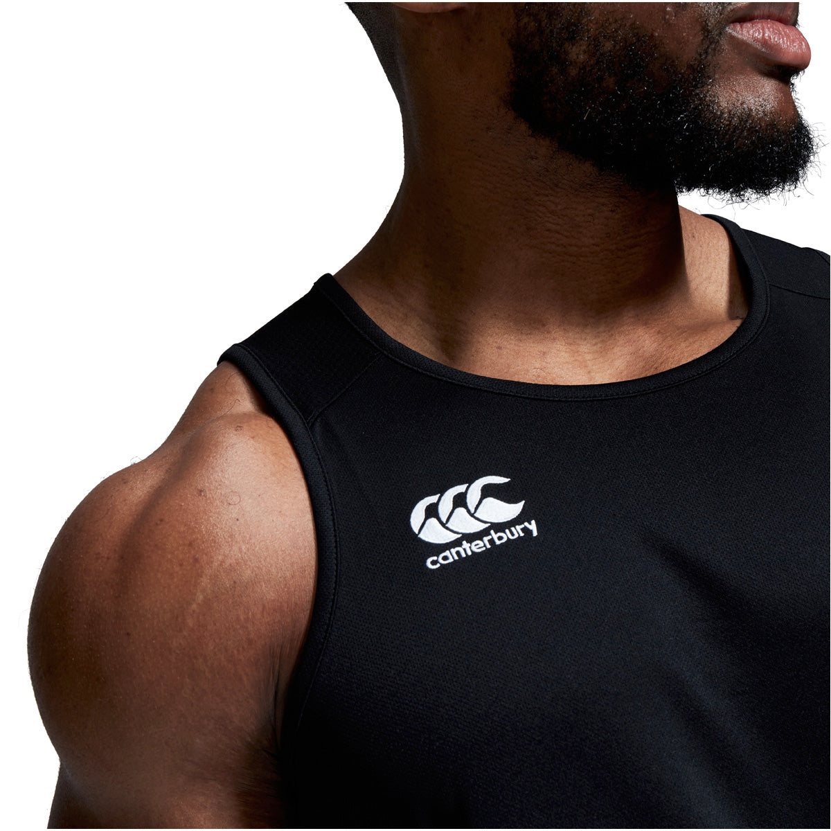 Model Shoulder Shot of Canterbury Club Dry Singlet in Black