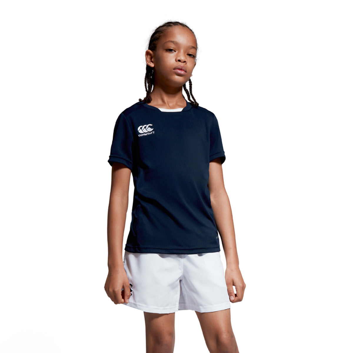 Photo of model wearing the Canterbury Club Dry Tee Junior Navy