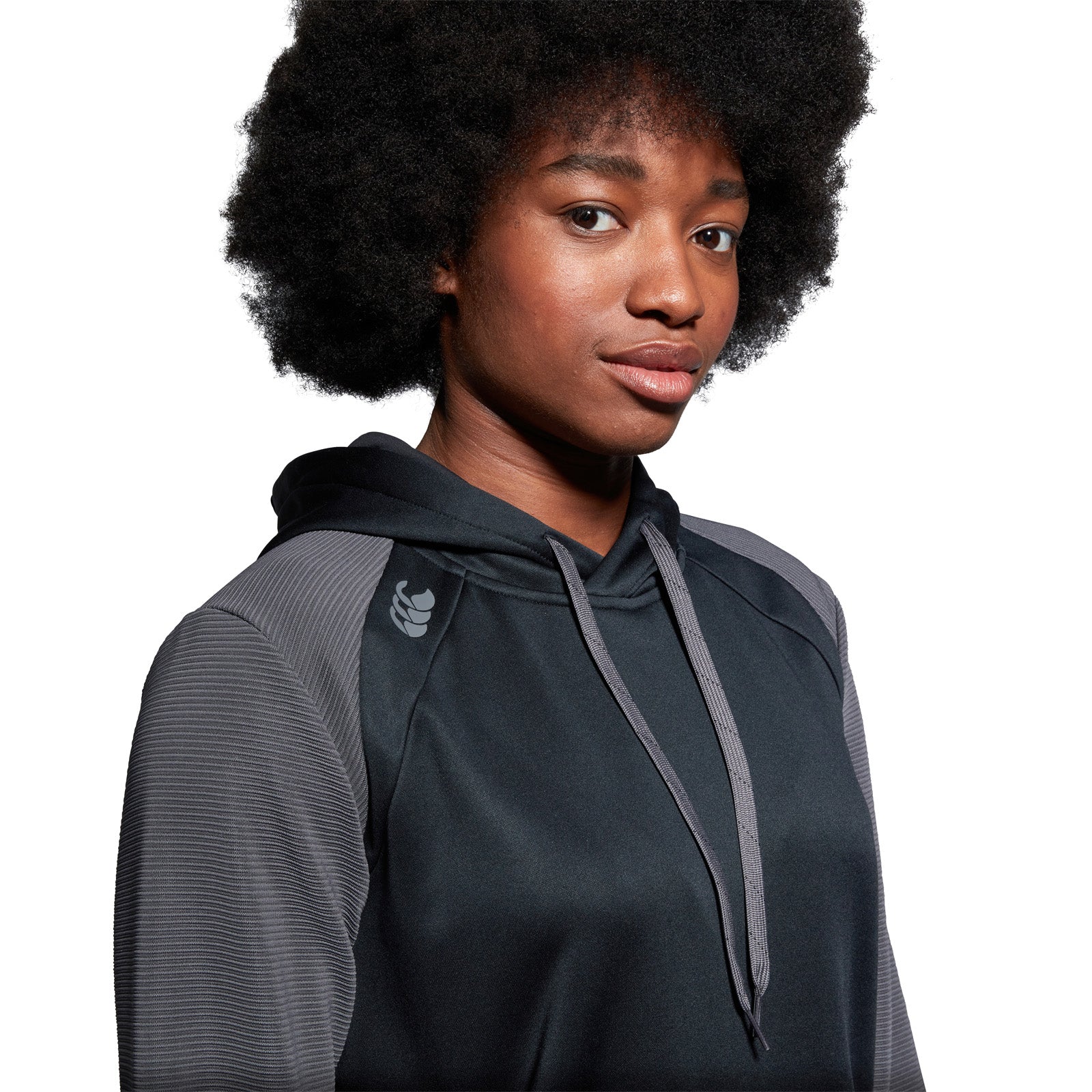 Photo of model wearing Canterbury Ladies Elite Training Hoody Black, close up shoulders and chest