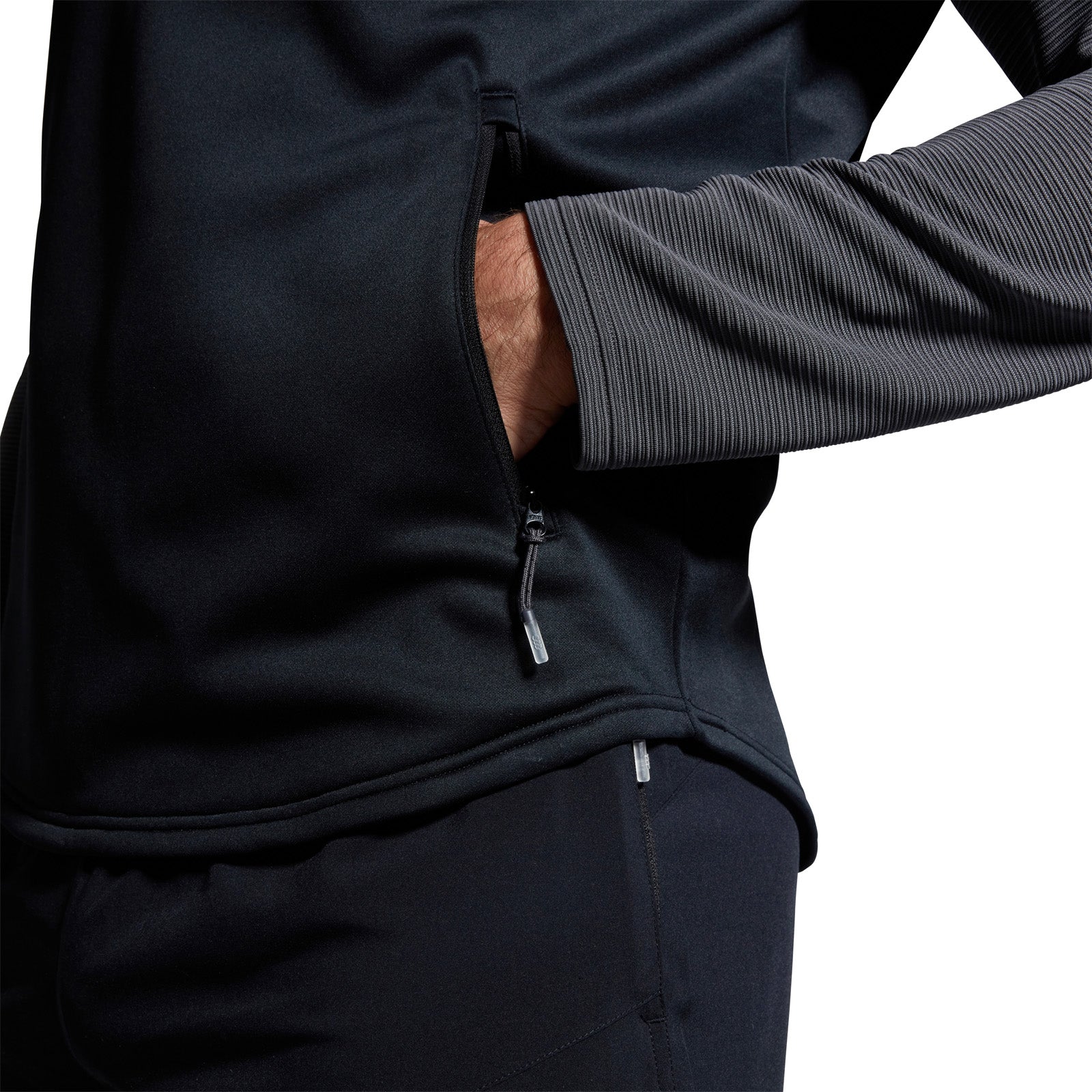 Photo of model wearing the Canterbury Elite Training Hoody Black, side pocket view
