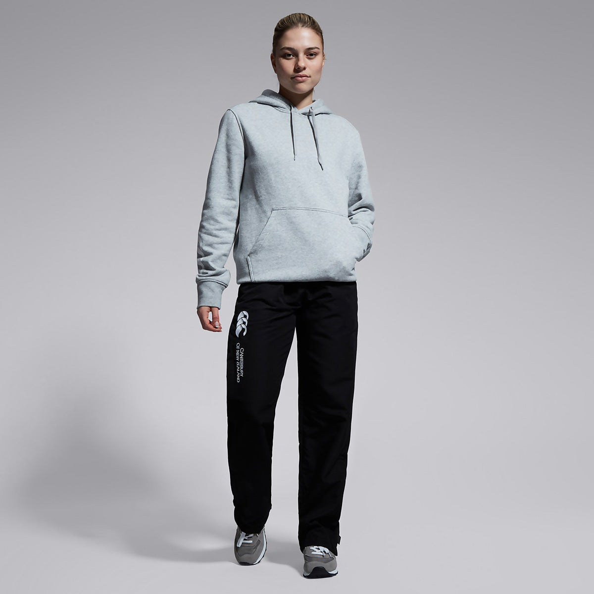 A photo of a female model wearing the Canterbury Womens Open Hem Stadium Pant in Black