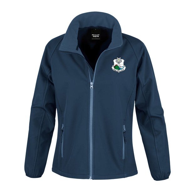 A photo of the Moate Tennis Club Ladies Softshell Jacket in Navy with embroidered club crest on left chest.