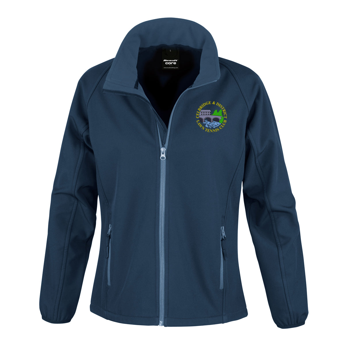 A photo of the Celbridge Tennis Club Ladies Softshell Jacket in Navy with embroidered club crest on left chest.