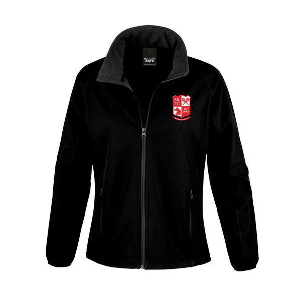 A photo of the Mitchelstown Tennis Club Ladies Softshell Jacket in Black with embroidered club crest on left chest. Front view.