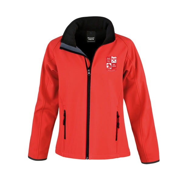 A photo of the Mitchelstown Tennis Club Ladies Softshell Jacket in Red with embroidered club crest on left chest. Front view.