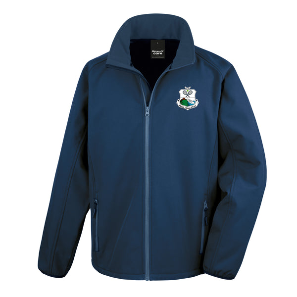 A photo of the Moate Tennis Club Mens Softshell Jacket in Navy with embroidered club crest on left chest.