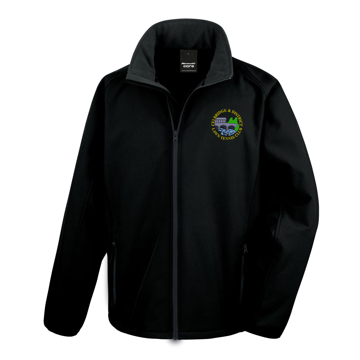 A photo of the Celbridge Tennis Club Mens Softshell Jacket in Black with embroidered club crest on left chest.