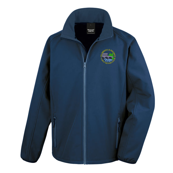 A photo of the Celbridge Tennis Club Mens Softshell Jacket in Navy with embroidered club crest on left chest.