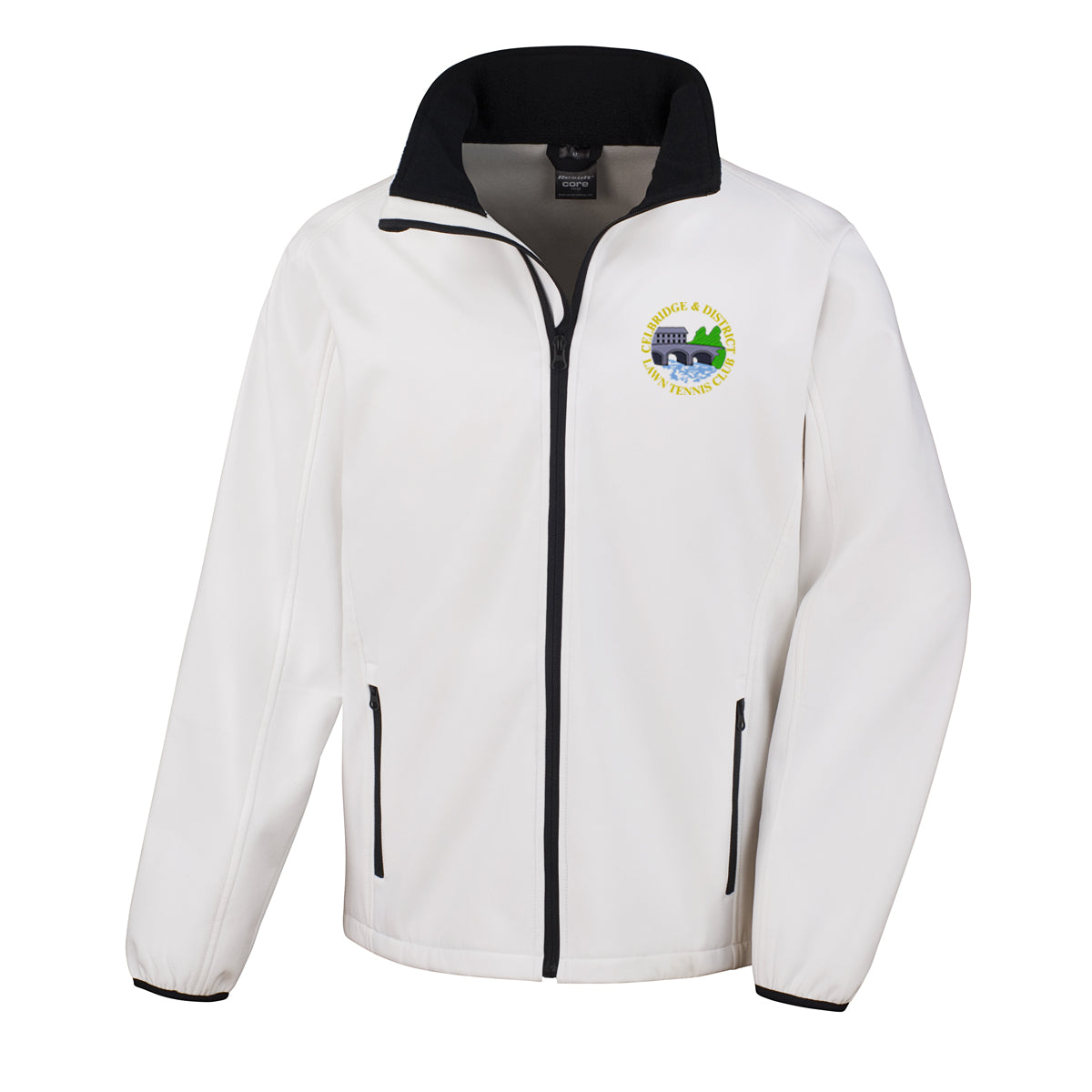 A photo of the Celbridge Tennis Club Mens Softshell Jacket in White with embroidered club crest on left chest.