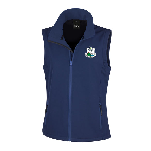 A photo of the Moate Tennis Club Ladies Softshell Bodywarmer in Navy with embroidered club crest on left chest.