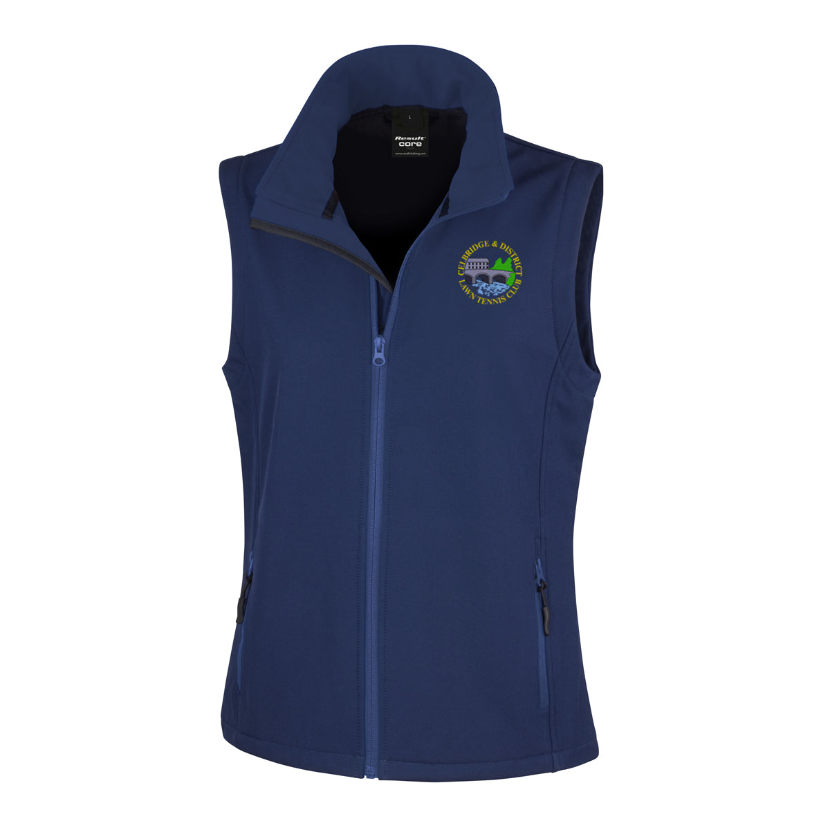 A photo of the Celbridge Tennis Club Ladies Softshell Gilet in Navy with embroidere club crest on left chest.