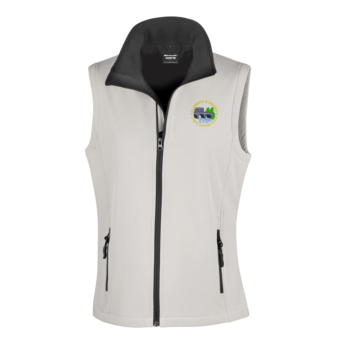 A photo of the Celbridge Tennis Club Ladies Softshell Gilet in White with embroidere club crest on left chest.