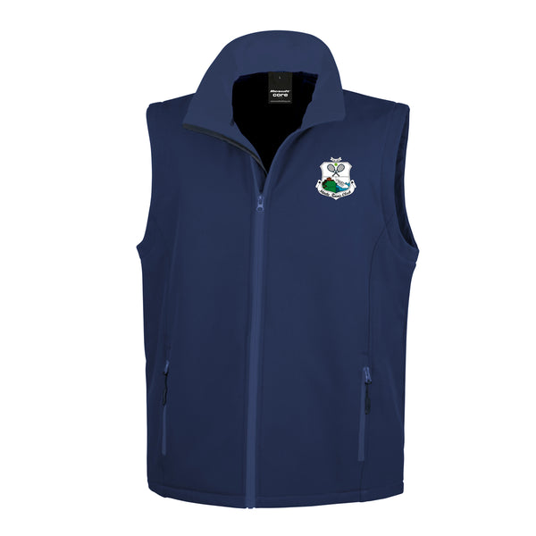 A photo of the Moate Tennis Club Mens Softshell Bodywarmer in Navy with embroidered club crest on left chest.