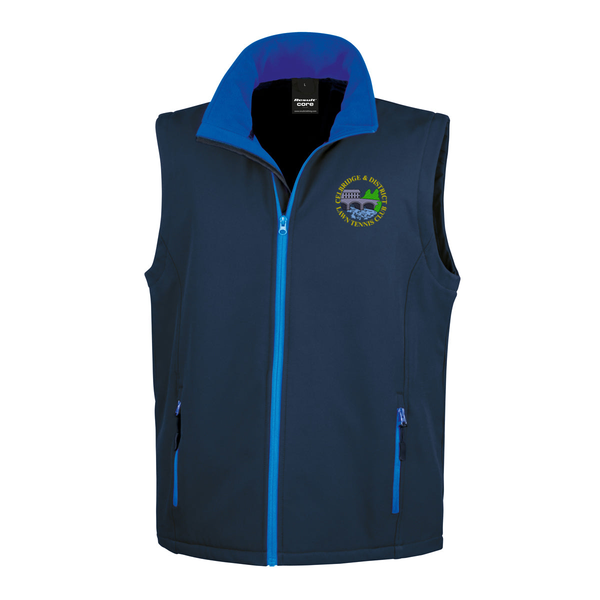 A photo of the Celbridge Tennis Club Mens Softshell Gilet in Navy with embroidered club crest on left chest.