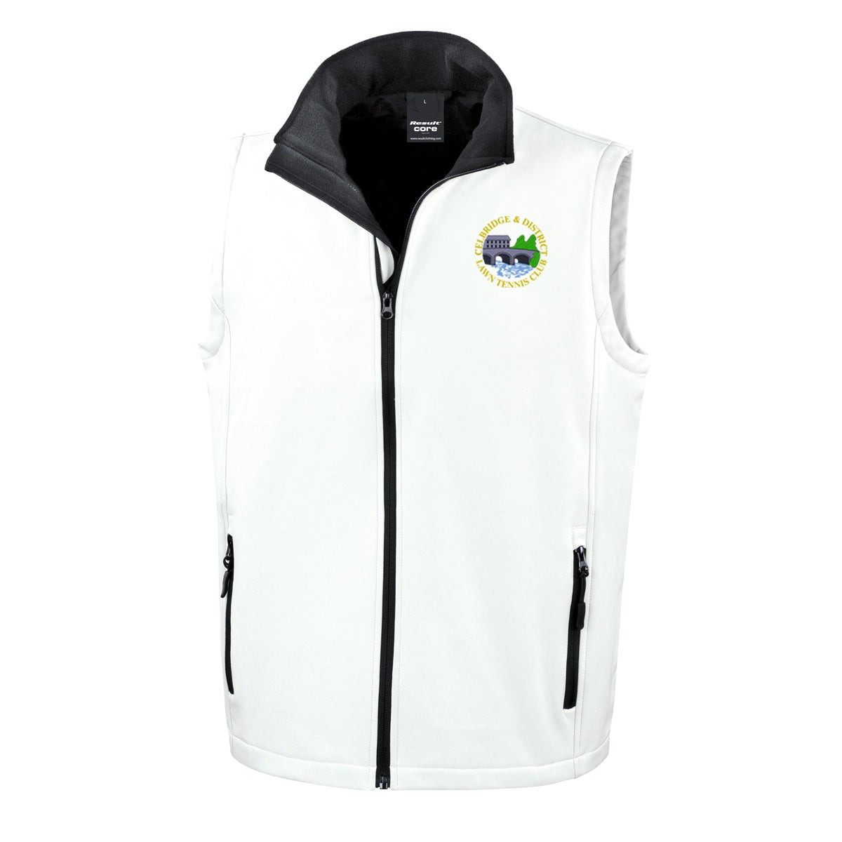 A photo of the Celbridge Tennis Club Mens Softshell Gilet in White with embroidered club crest on left chest.