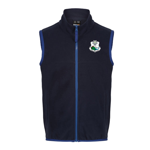 A photo of the Moate Tennis Club Junior Bodywarmer in Navy/Royal with embroidered club crest on left chest.