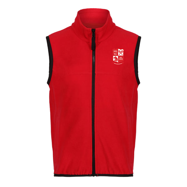 A photo of the Mitchelstown Junior Tennis Club Bodywarmer in Red with club crest on left chest. Front view.