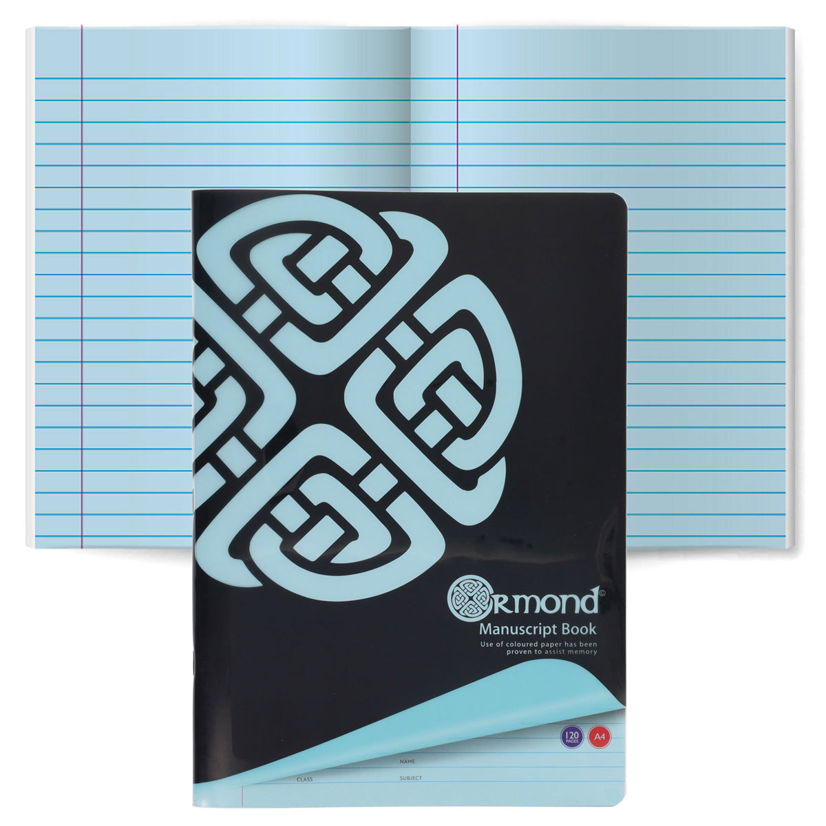 A photo of the Ormond A4 120pg Durable Cover Visual Memory Aid Manuscript Book, Blue lined pages.