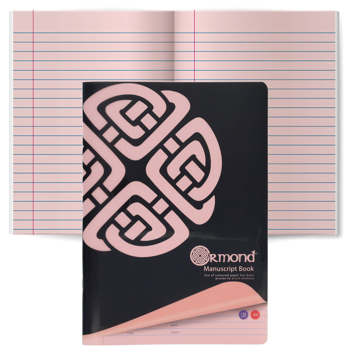 A photo of the Ormond A4 120pg Durable Cover Visual Memory Aid Manuscript Book in Pink with feint ruled lines