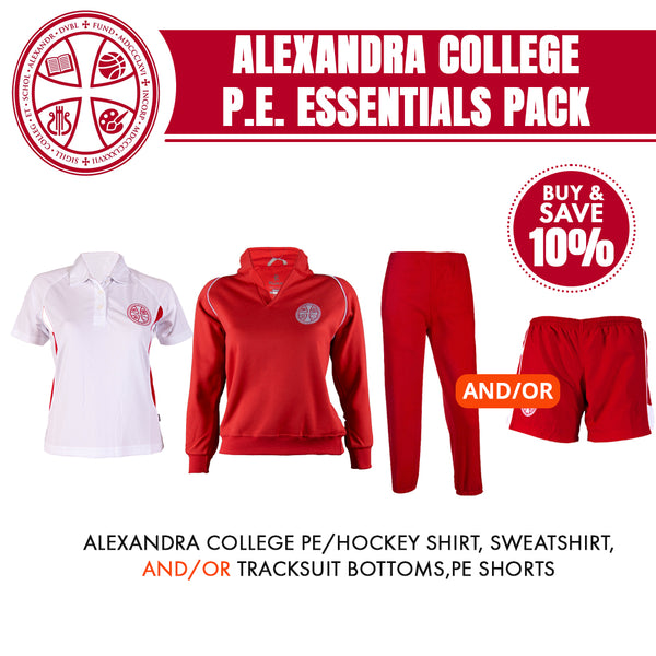 The Alexandra College Junior P.E. Pack. Buy the Alexandra College Junior Tracksuit Top, Polo and either Tracksuit Bottoms or Shorts & Save 10%
