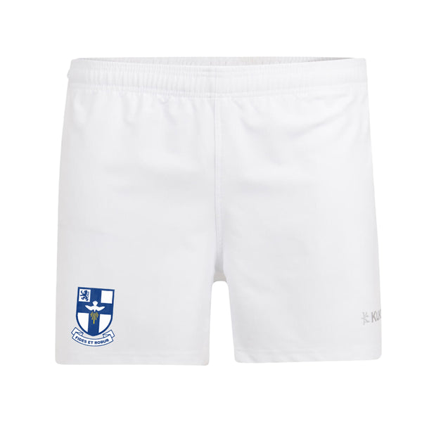 A photo of the Blackrock College/Willow Park Rugby Short in White with embroidered School Crest on Right Leg.