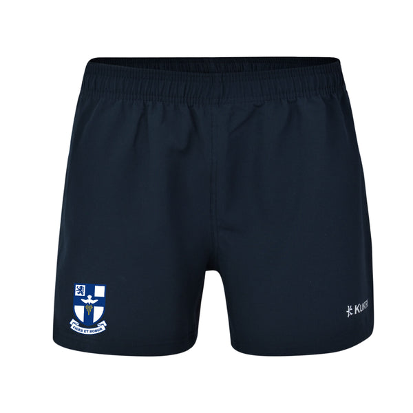 A photo of the Blackrock College/Willow Park Training Short in Navywith embroidered School Crest on Right Leg.
