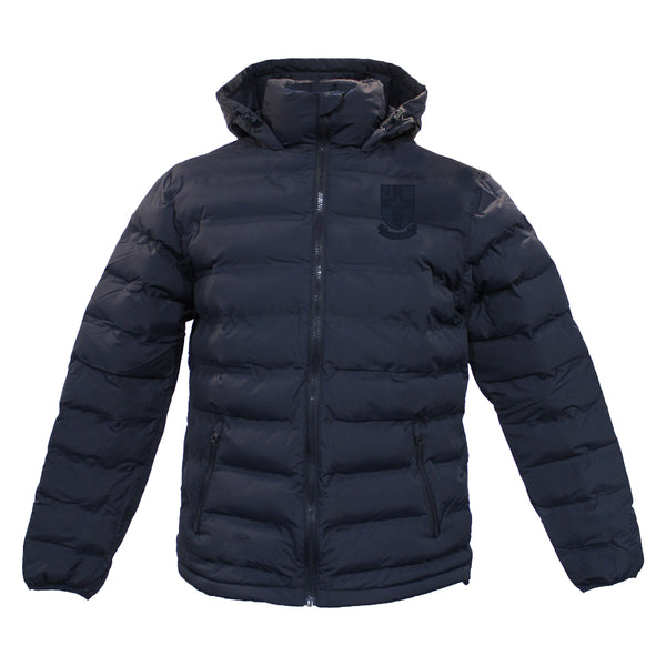 A photo of the Blackrock College Coat in Navy with embroidered tonal School Crest on left chest.
