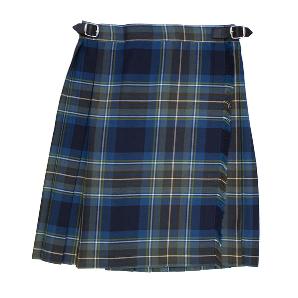 A photo of the Guardian Angels National School Kilt in tartan blue with green tones & white lines