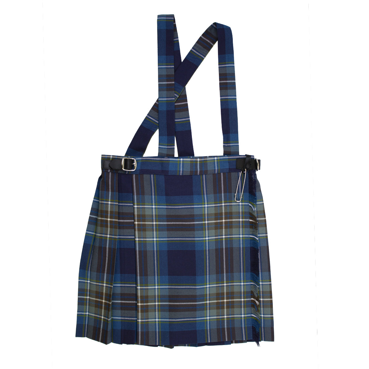A photo of the Guardian Angels National School Kilt in tartan blue with green tones & white lines