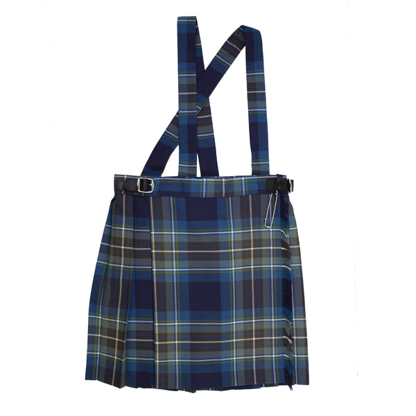 A photo of the Guardian Angels National School Kilt in tartan blue with green tones & white lines
