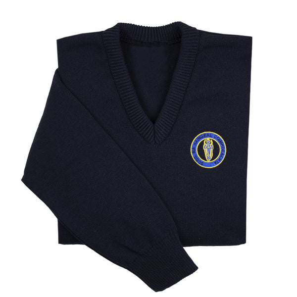 A photo of the Guardian Angels Pullover in Navy with embroidered school crest and sleeve cuff detail showing