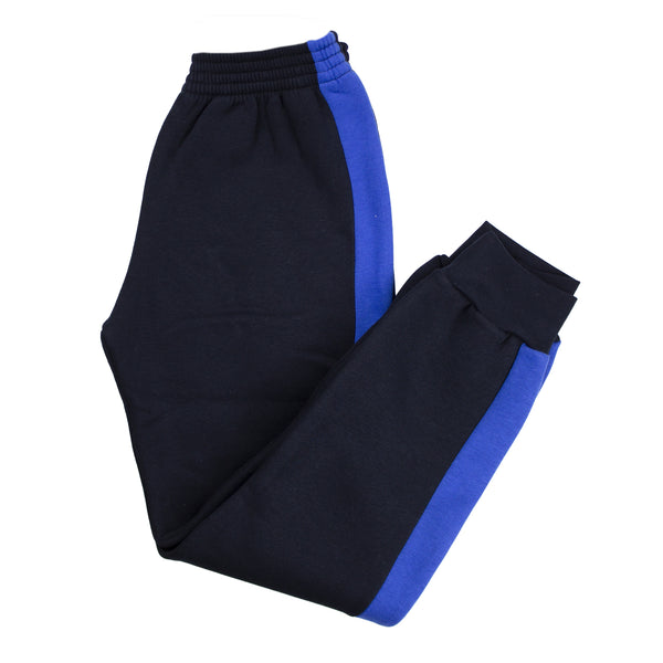 A photo of the Guardian Angels National School Tracksuit Bottom in Navy with Royal Blue stripe down the leg.