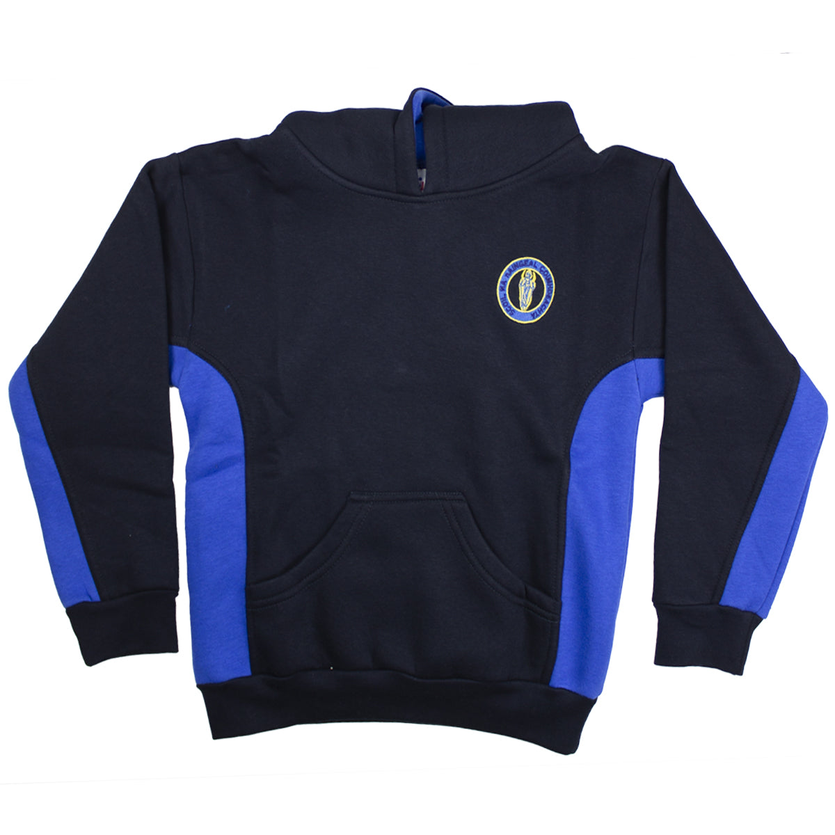 A photo of the Guardian Angels National School Tracksuit Top in Navy with contrastingroyal blue accents on sides and down the arm.