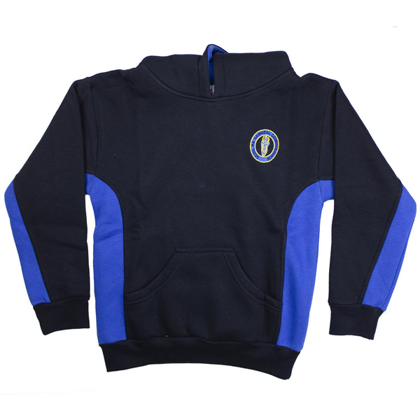 A photo of the Guardian Angels National School Tracksuit Top in Navy with contrastingroyal blue accents on sides and down the arm.