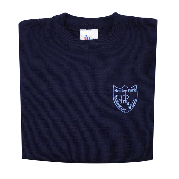 A photo of the Hedley Park Montessori School Pullover in Navy, with embroidered school crest