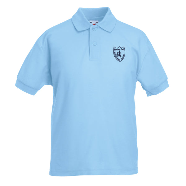 A photo of the Hedley Park Polo in Sky Blue with embroidered School Crest on left Chest