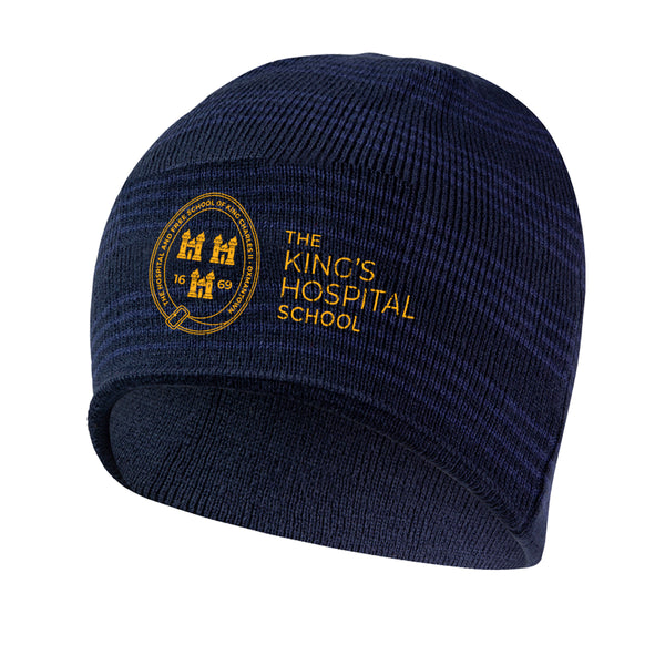 A phot of The King's Hospital Beanie, with embroidered school crest, front center