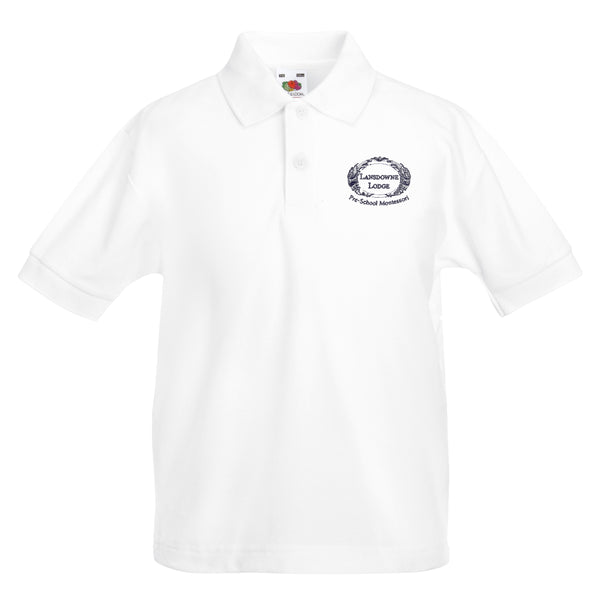 A photo of the Lansdowne Lodge Montessori Polo in White with embroidered school crest on left chest