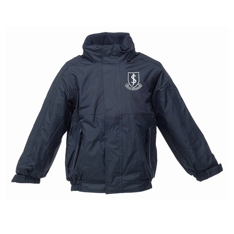 A photo of the John Scottus National School Coat in Navy with embroidered school crest on left chest.