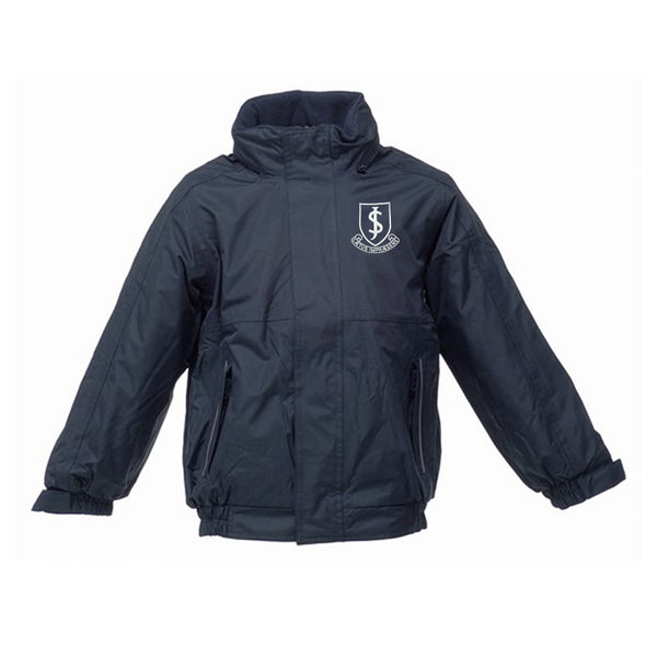 A photo of the John Scottus National School Coat in Navy with embroidered school crest on left chest.