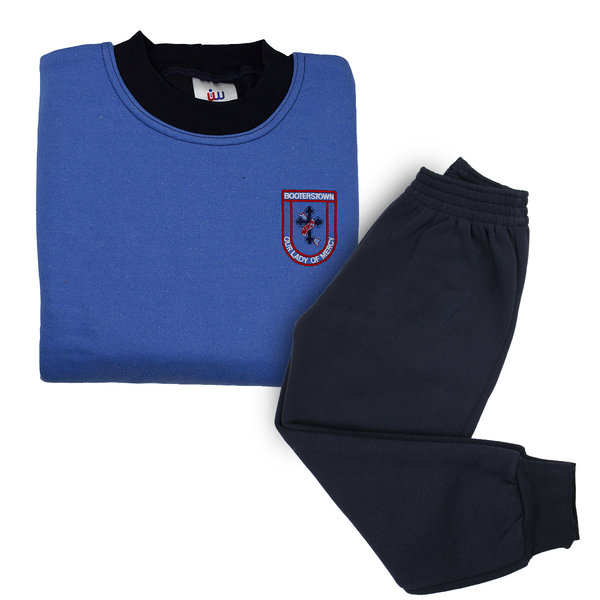 A photo of the Our Lady Of Mercy Booterstown Junior Tracksuit, image shows the tracksuit top in blue and navy Bottoms