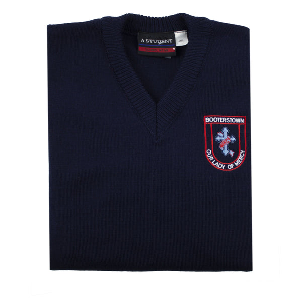 A photo of the Our Lady Of Mercy Booterstown Pullover in Navy with embroidered School crest on left chest.