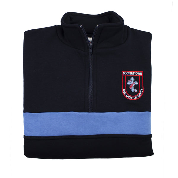 A photo of the Our Lady Of Mercy Booterstown Senior Tracksuit Top in Navy with a Sky Strpe across center chest. The tracksuit is embroidered with the School Crest on left chest.